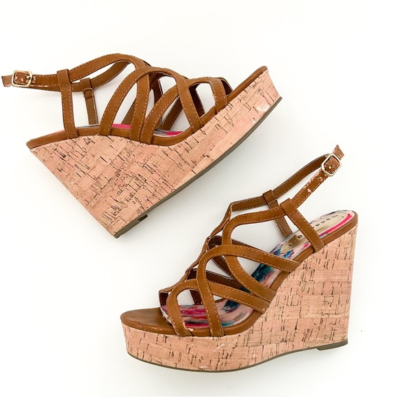 Madden Girl Strappy Brown Faux Leather Cork Platform Wedge Heels Elmaa Cognac - Picture 3 of 9